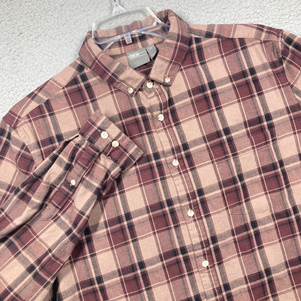 Asos Flannel‎ Shirt Mens 2XL Burgundy Plaid Button Down Long Sleeve Heritage